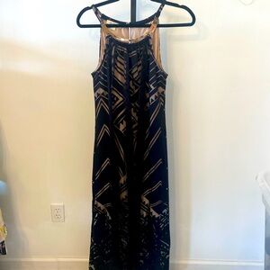 London Times Dress Women's Black Hi-Low Hem Maxi Gold Embellishment Size 10